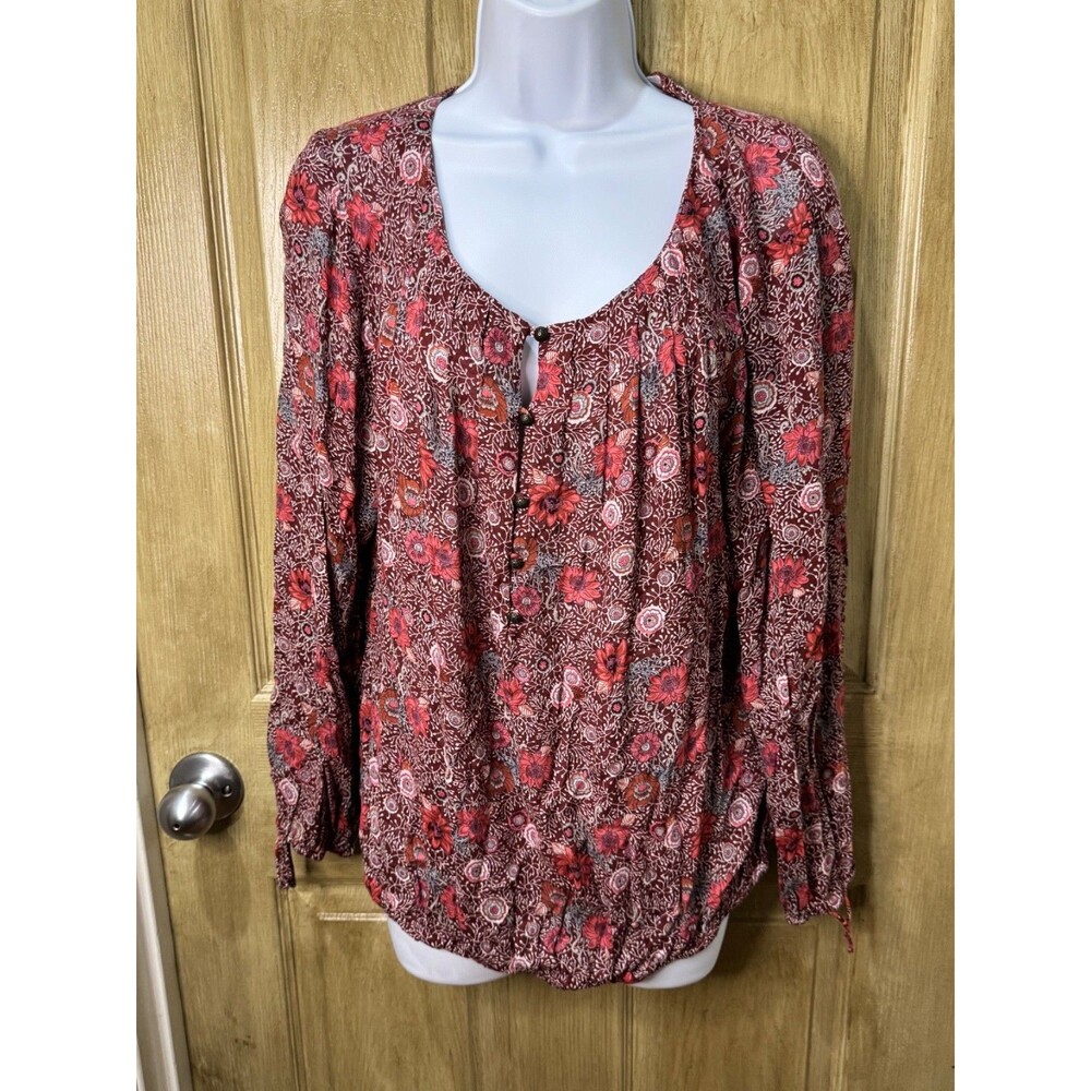 Lucky Brand M Blouse Burnt Orange Brown Tie Sleeves Size L